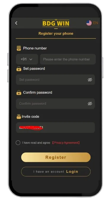 BDG Win Register page